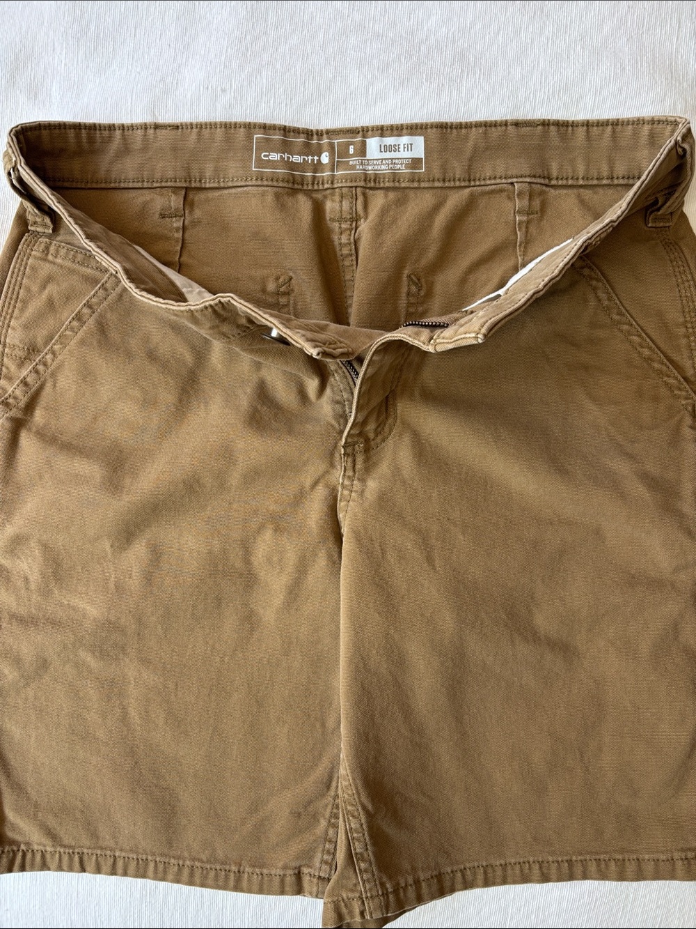 Women’s Carhartt Loose Fit Tan Utility Work Shorts with Patch and Tool Pockets. - Picture 3 of 4